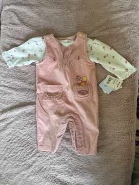 Vintage Winnie the Pooh Pink Baby Romper Set with Floral Long Sleeve